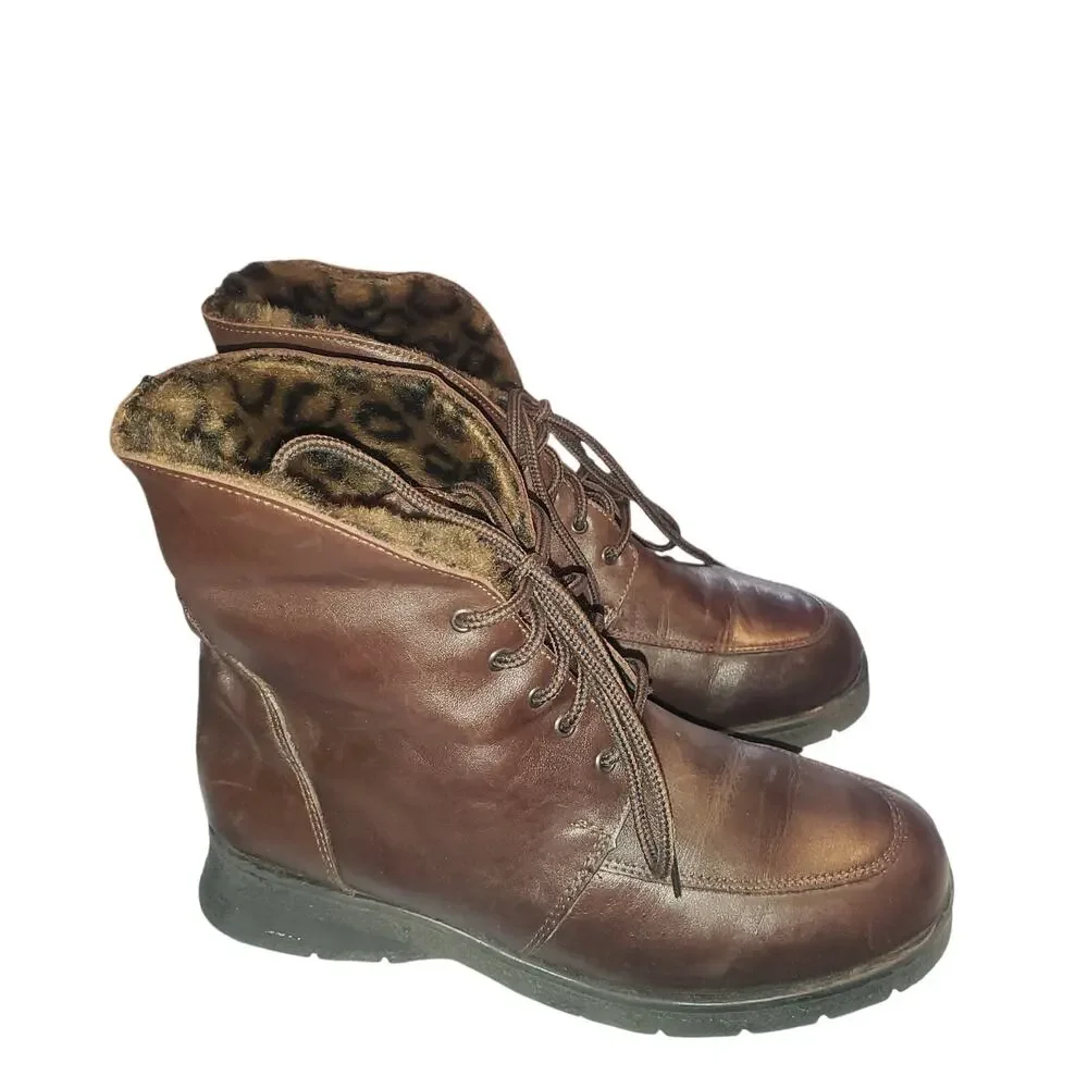 La Canadienne Size 8 Brown Leather Shearling Lined Laced Fold Over Winter Boots